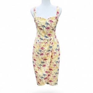 Collectif Flamingo Cotton Midi Dress Yellow Sz 6 Pinup Retro Summer Tropical 50s